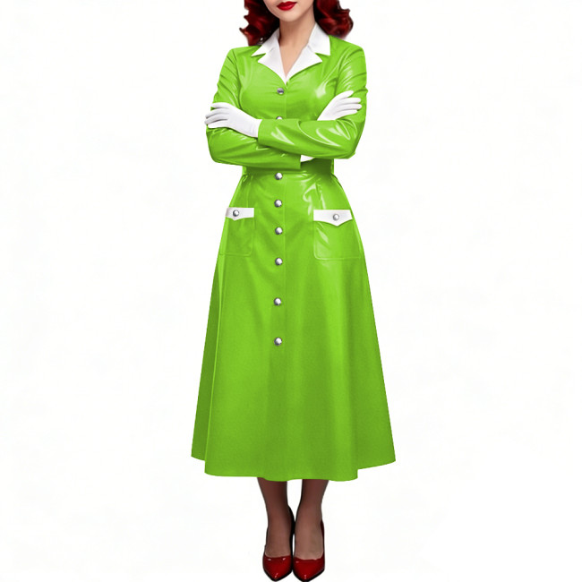 PVC Shiny Leather Single-breasted Nurse Dresses Turn-down Collar A-line Nurse Uniforms Halloween Doctor Nurse Cosplay Costume