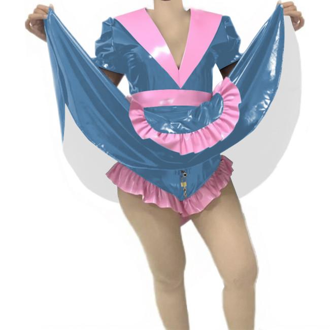 Adult Sissy Vinyl PVC Leather Skirted Bodysuit Deep V-neck Patchwork Pleated Maid Dresses Glossy Lockable Cosplay Maid Uniform