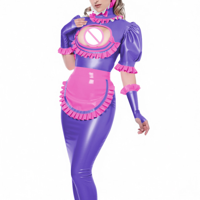 Sexy Vinyl PVC Leather Bodycon Long Maid Dress with Ruffles Collar Hollow Matching Gloves Sissy Fetish Party Cosplay Maid Outfit