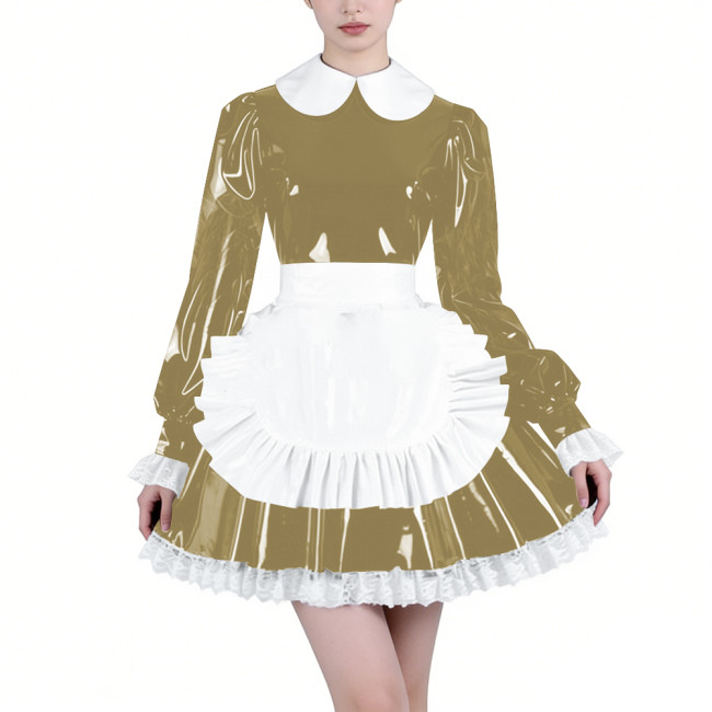 Shiny Latex-look Maid Cosplay Outfits Long Puff Sleeve Peter Pan Collar Pleated Dress with Apron Crossdresser Party Maid Uniform
