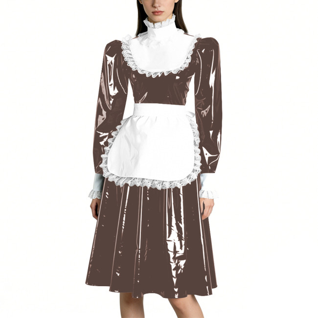 Sissy Vinyl PVC Leather Long Sleeves Maid Dress Lace Trim A-line Vintage Knee-lengh Maid Dress Maidservant Cosplay Maid Uniforms