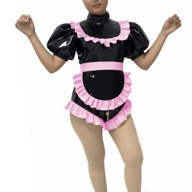 Lockable Ruffle Puff Sleeve PVC Shiny Maid Bodysuit with Apron Halloween Party Cosplay Costume Zipper Crotch Romper Maid Outfits