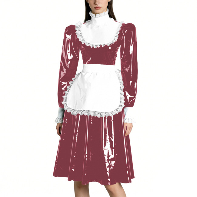 Sissy Vinyl PVC Leather Long Sleeves Maid Dress Lace Trim A-line Vintage Knee-lengh Maid Dress Maidservant Cosplay Maid Uniforms