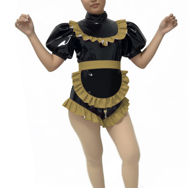Lockable Ruffle Puff Sleeve PVC Shiny Maid Bodysuit with Apron Halloween Party Cosplay Costume Zipper Crotch Romper Maid Outfits