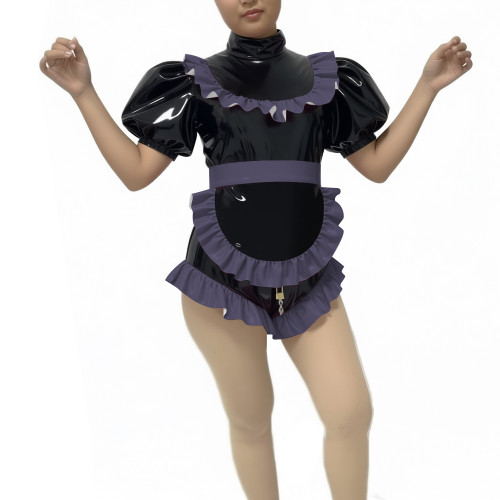 Lockable Ruffle Puff Sleeve PVC Shiny Maid Bodysuit with Apron Halloween Party Cosplay Costume Zipper Crotch Romper Maid Outfits
