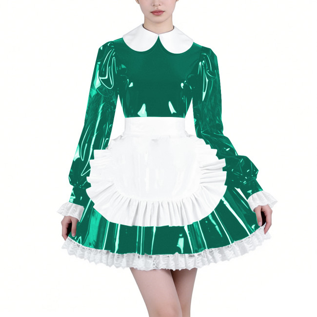 Shiny Latex-look Maid Cosplay Outfits Long Puff Sleeve Peter Pan Collar Pleated Dress with Apron Crossdresser Party Maid Uniform