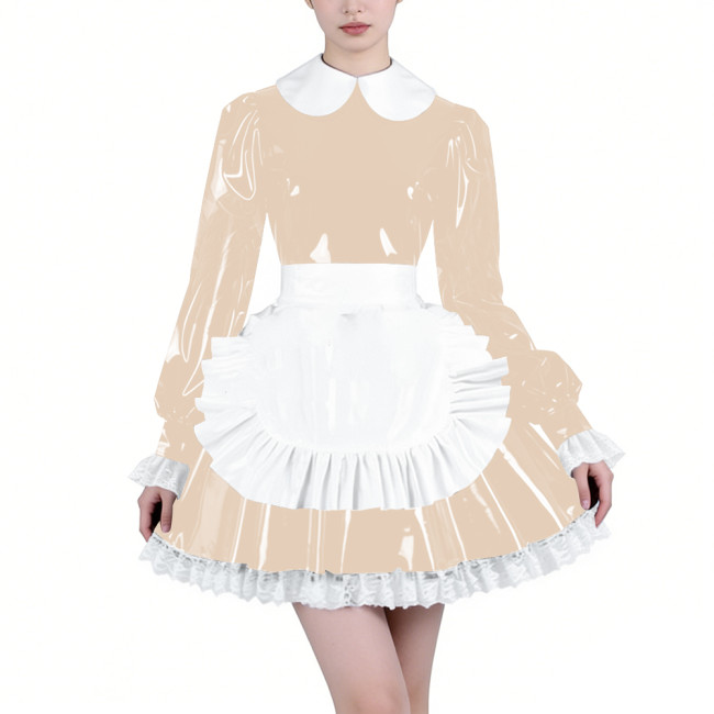Shiny Latex-look Maid Cosplay Outfits Long Puff Sleeve Peter Pan Collar Pleated Dress with Apron Crossdresser Party Maid Uniform