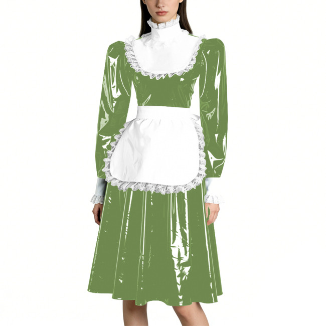 Sissy Vinyl PVC Leather Long Sleeves Maid Dress Lace Trim A-line Vintage Knee-lengh Maid Dress Maidservant Cosplay Maid Uniforms