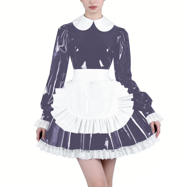 Shiny Latex-look Maid Cosplay Outfits Long Puff Sleeve Peter Pan Collar Pleated Dress with Apron Crossdresser Party Maid Uniform