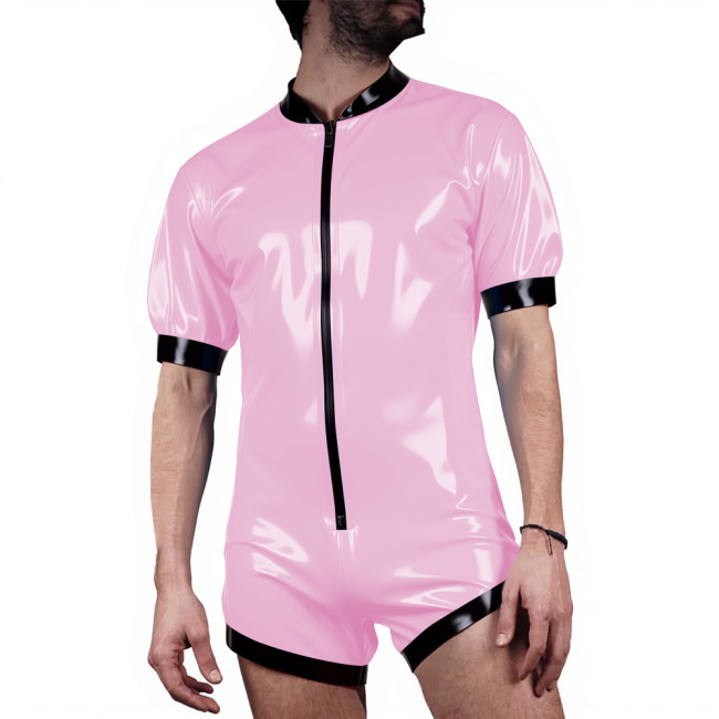 Mens Patchwork Latex-look PVC Shorts Jumpsuit Puff Short Sleeve Party Catsuit Front Zip Vinyl Patent Leather Bodysuit Clubwear