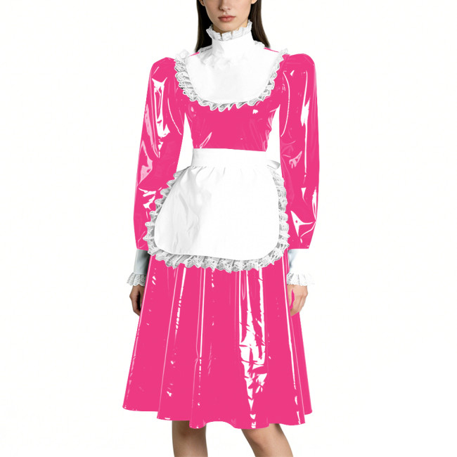 Sissy Vinyl PVC Leather Long Sleeves Maid Dress Lace Trim A-line Vintage Knee-lengh Maid Dress Maidservant Cosplay Maid Uniforms