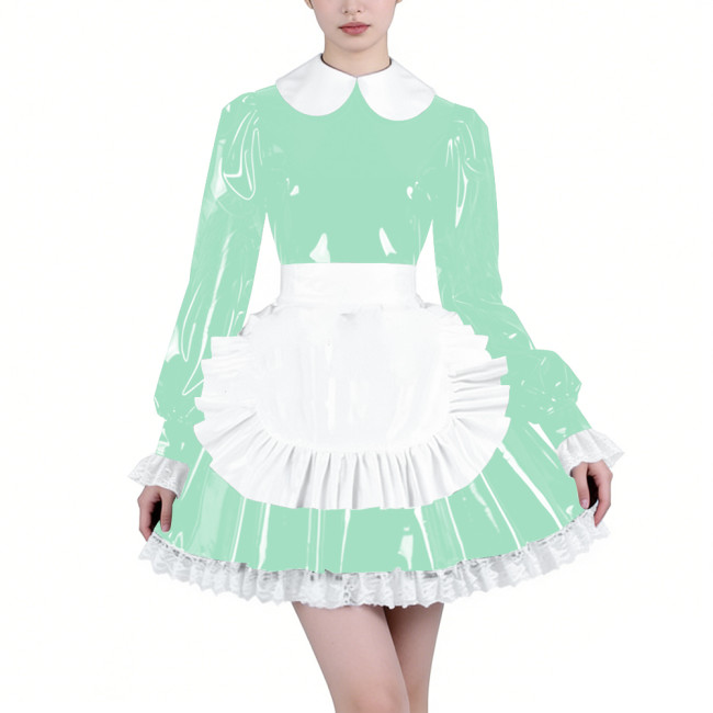 Shiny Latex-look Maid Cosplay Outfits Long Puff Sleeve Peter Pan Collar Pleated Dress with Apron Crossdresser Party Maid Uniform