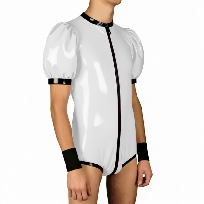 Mens Wet PVC Club Patchwork Bodysuit Zipper Open Crotch O-neck One Piece Leotard Jumpsuit Puff Sleeves Rompser Fot Party Cosplay