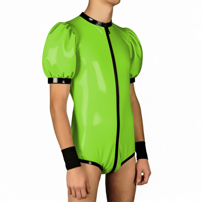 Mens Wet PVC Club Patchwork Bodysuit Zipper Open Crotch O-neck One Piece Leotard Jumpsuit Puff Sleeves Rompser Fot Party Cosplay