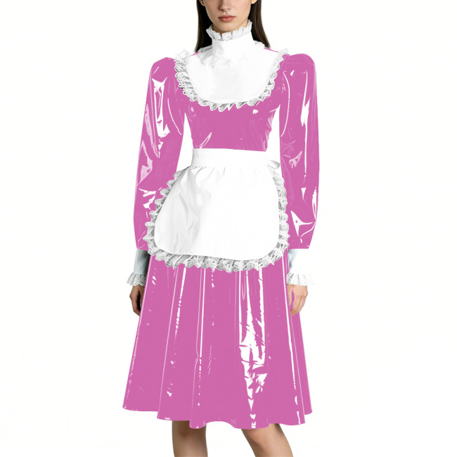 Sissy Vinyl PVC Leather Long Sleeves Maid Dress Lace Trim A-line Vintage Knee-lengh Maid Dress Maidservant Cosplay Maid Uniforms