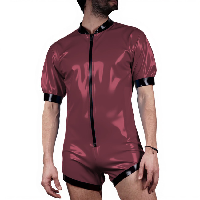 Mens Patchwork Latex-look PVC Shorts Jumpsuit Puff Short Sleeve Party Catsuit Front Zip Vinyl Patent Leather Bodysuit Clubwear