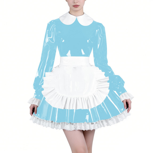Shiny Latex-look Maid Cosplay Outfits Long Puff Sleeve Peter Pan Collar Pleated Dress with Apron Crossdresser Party Maid Uniform