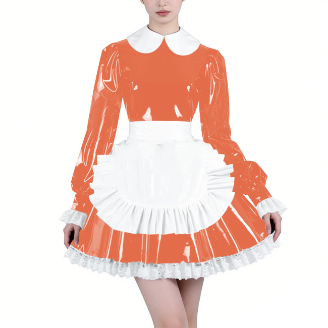 Shiny Latex-look Maid Cosplay Outfits Long Puff Sleeve Peter Pan Collar Pleated Dress with Apron Crossdresser Party Maid Uniform