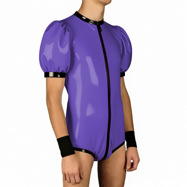 Mens Wet PVC Club Patchwork Bodysuit Zipper Open Crotch O-neck One Piece Leotard Jumpsuit Puff Sleeves Rompser Fot Party Cosplay