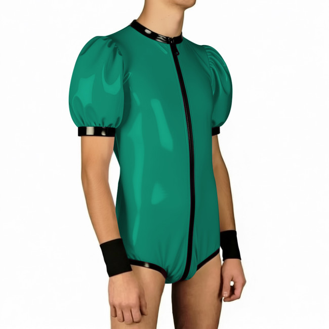 Mens Wet PVC Club Patchwork Bodysuit Zipper Open Crotch O-neck One Piece Leotard Jumpsuit Puff Sleeves Rompser Fot Party Cosplay