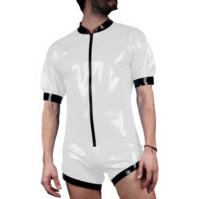 Mens Patchwork Latex-look PVC Shorts Jumpsuit Puff Short Sleeve Party Catsuit Front Zip Vinyl Patent Leather Bodysuit Clubwear
