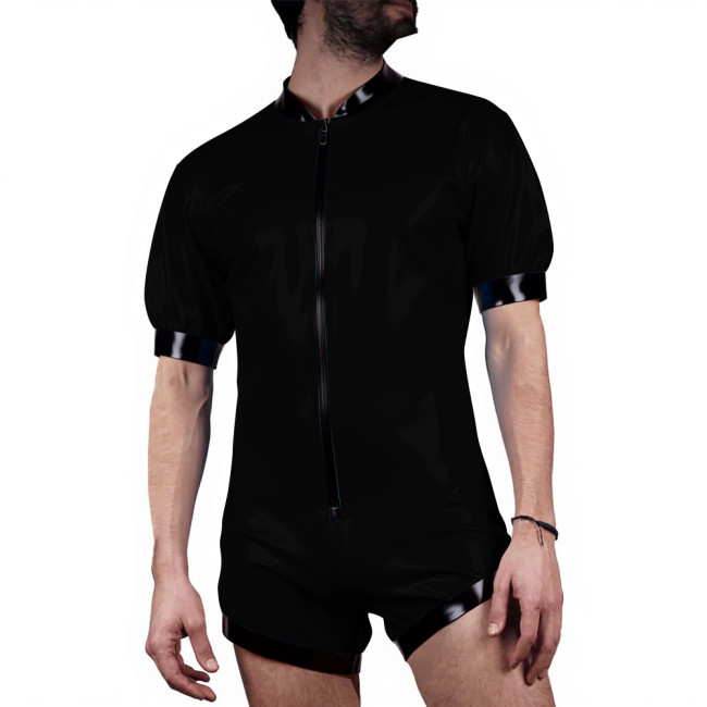Mens Patchwork Latex-look PVC Shorts Jumpsuit Puff Short Sleeve Party Catsuit Front Zip Vinyl Patent Leather Bodysuit Clubwear