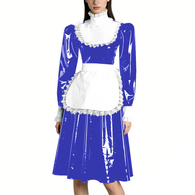 Sissy Vinyl PVC Leather Long Sleeves Maid Dress Lace Trim A-line Vintage Knee-lengh Maid Dress Maidservant Cosplay Maid Uniforms