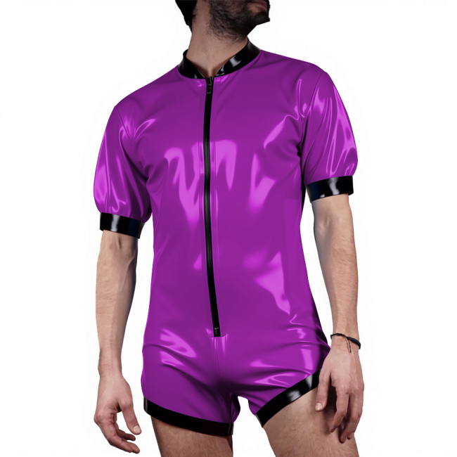 Mens Patchwork Latex-look PVC Shorts Jumpsuit Puff Short Sleeve Party Catsuit Front Zip Vinyl Patent Leather Bodysuit Clubwear