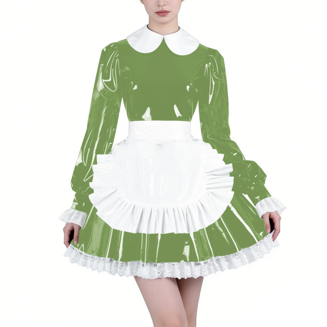 Shiny Latex-look Maid Cosplay Outfits Long Puff Sleeve Peter Pan Collar Pleated Dress with Apron Crossdresser Party Maid Uniform