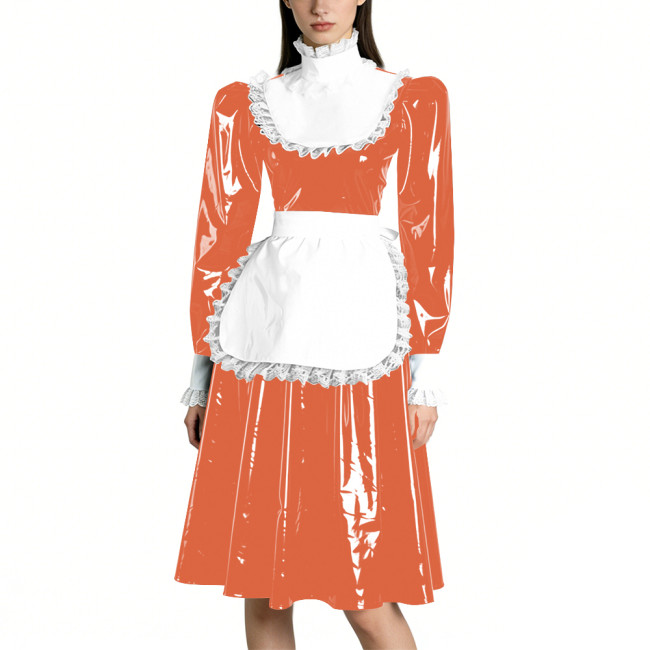 Sissy Vinyl PVC Leather Long Sleeves Maid Dress Lace Trim A-line Vintage Knee-lengh Maid Dress Maidservant Cosplay Maid Uniforms