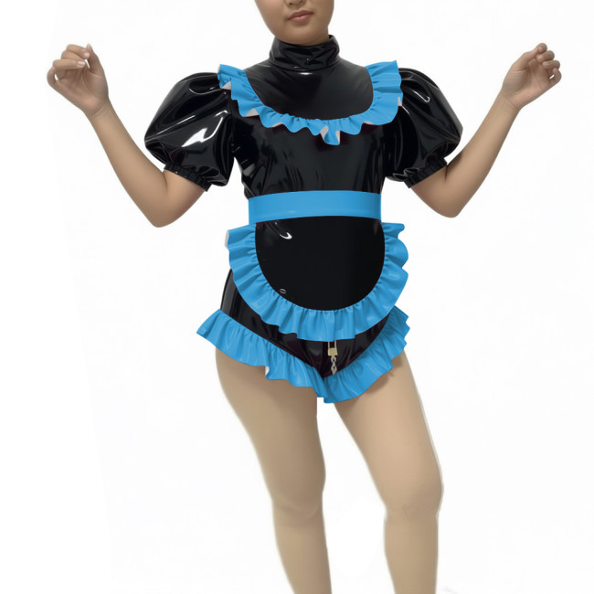 Lockable Ruffle Puff Sleeve PVC Shiny Maid Bodysuit with Apron Halloween Party Cosplay Costume Zipper Crotch Romper Maid Outfits