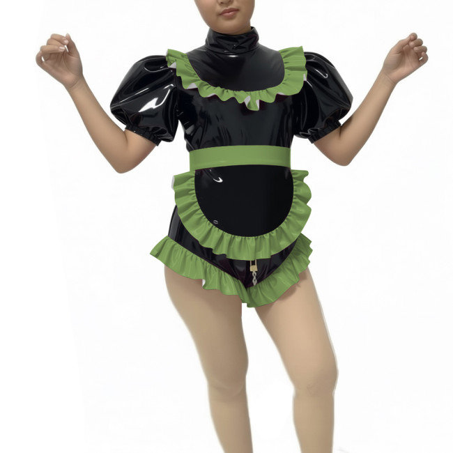 Lockable Ruffle Puff Sleeve PVC Shiny Maid Bodysuit with Apron Halloween Party Cosplay Costume Zipper Crotch Romper Maid Outfits