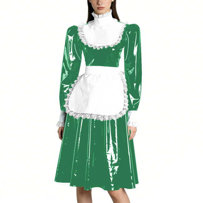 Sissy Vinyl PVC Leather Long Sleeves Maid Dress Lace Trim A-line Vintage Knee-lengh Maid Dress Maidservant Cosplay Maid Uniforms