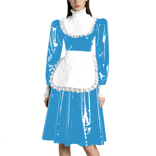 Sissy Vinyl PVC Leather Long Sleeves Maid Dress Lace Trim A-line Vintage Knee-lengh Maid Dress Maidservant Cosplay Maid Uniforms
