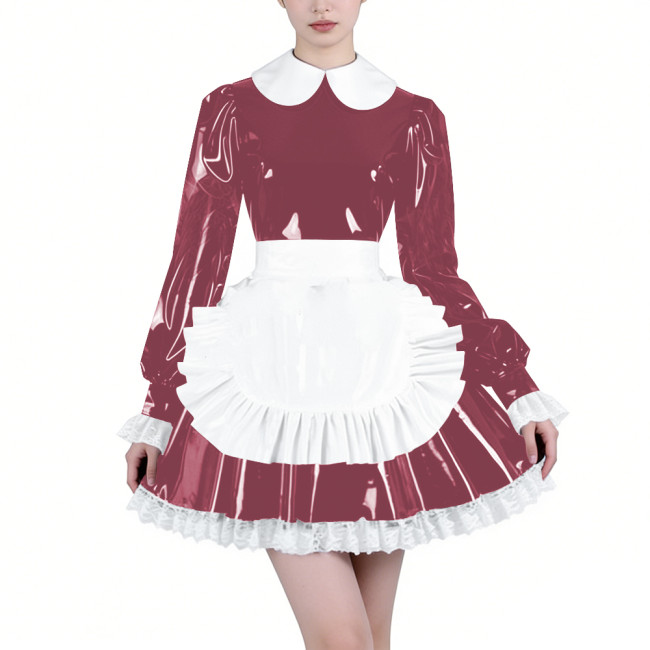 Shiny Latex-look Maid Cosplay Outfits Long Puff Sleeve Peter Pan Collar Pleated Dress with Apron Crossdresser Party Maid Uniform