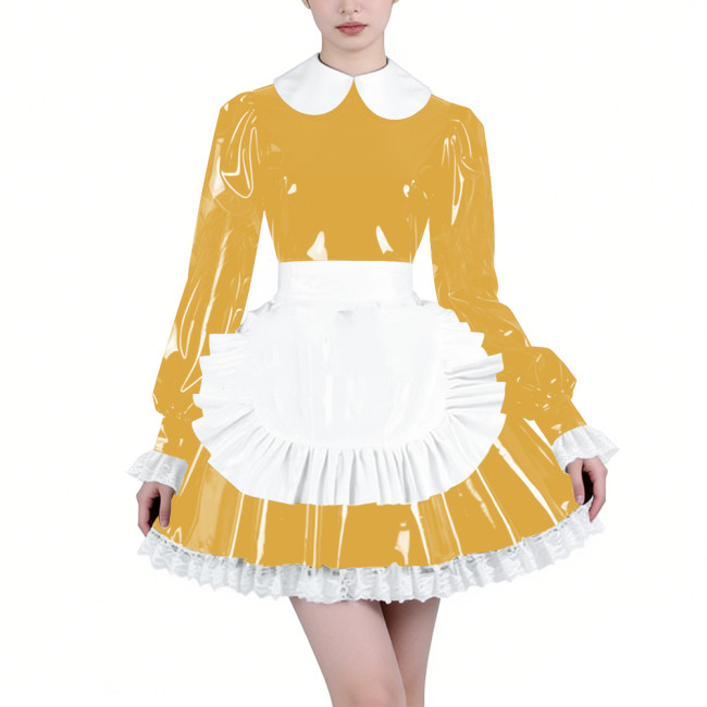 Shiny Latex-look Maid Cosplay Outfits Long Puff Sleeve Peter Pan Collar Pleated Dress with Apron Crossdresser Party Maid Uniform
