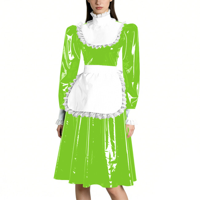 Sissy Vinyl PVC Leather Long Sleeves Maid Dress Lace Trim A-line Vintage Knee-lengh Maid Dress Maidservant Cosplay Maid Uniforms