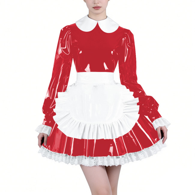 Shiny Latex-look Maid Cosplay Outfits Long Puff Sleeve Peter Pan Collar Pleated Dress with Apron Crossdresser Party Maid Uniform