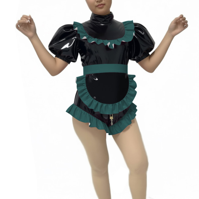 Lockable Ruffle Puff Sleeve PVC Shiny Maid Bodysuit with Apron Halloween Party Cosplay Costume Zipper Crotch Romper Maid Outfits