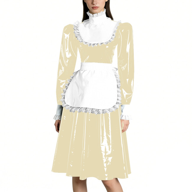 Sissy Vinyl PVC Leather Long Sleeves Maid Dress Lace Trim A-line Vintage Knee-lengh Maid Dress Maidservant Cosplay Maid Uniforms