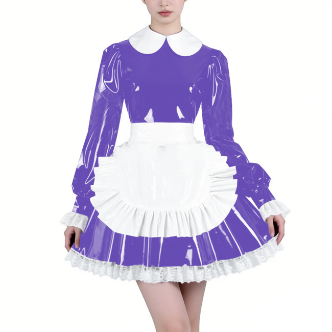 Shiny Latex-look Maid Cosplay Outfits Long Puff Sleeve Peter Pan Collar Pleated Dress with Apron Crossdresser Party Maid Uniform