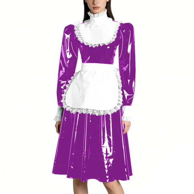 Sissy Vinyl PVC Leather Long Sleeves Maid Dress Lace Trim A-line Vintage Knee-lengh Maid Dress Maidservant Cosplay Maid Uniforms