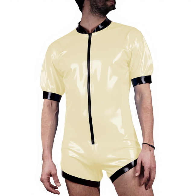 Mens Patchwork Latex-look PVC Shorts Jumpsuit Puff Short Sleeve Party Catsuit Front Zip Vinyl Patent Leather Bodysuit Clubwear