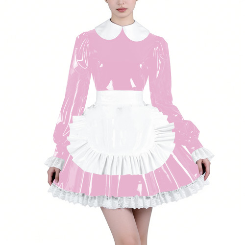 Shiny Latex-look Maid Cosplay Outfits Long Puff Sleeve Peter Pan Collar Pleated Dress with Apron Crossdresser Party Maid Uniform