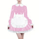 Shiny Latex-look Maid Cosplay Outfits Long Puff Sleeve Peter Pan Collar Pleated Dress with Apron Crossdresser Party Maid Uniform
