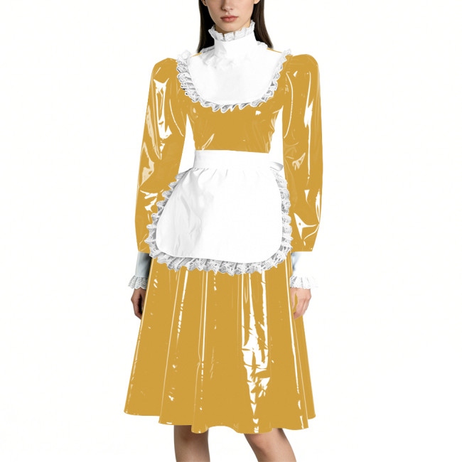 Sissy Vinyl PVC Leather Long Sleeves Maid Dress Lace Trim A-line Vintage Knee-lengh Maid Dress Maidservant Cosplay Maid Uniforms