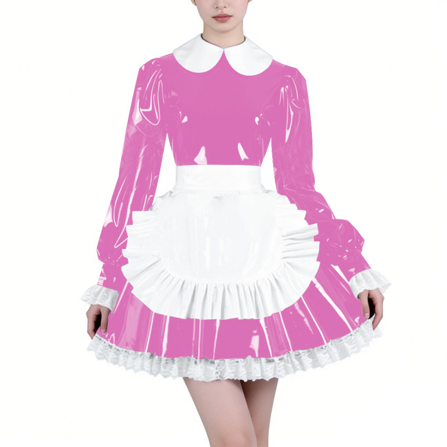 Shiny Latex-look Maid Cosplay Outfits Long Puff Sleeve Peter Pan Collar Pleated Dress with Apron Crossdresser Party Maid Uniform