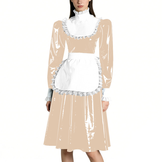 Sissy Vinyl PVC Leather Long Sleeves Maid Dress Lace Trim A-line Vintage Knee-lengh Maid Dress Maidservant Cosplay Maid Uniforms