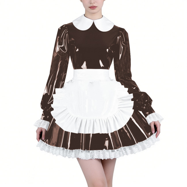 Shiny Latex-look Maid Cosplay Outfits Long Puff Sleeve Peter Pan Collar Pleated Dress with Apron Crossdresser Party Maid Uniform