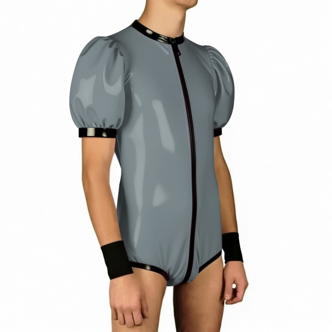 Mens Wet PVC Club Patchwork Bodysuit Zipper Open Crotch O-neck One Piece Leotard Jumpsuit Puff Sleeves Rompser Fot Party Cosplay